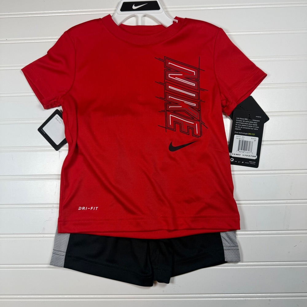 Nike Boys Dri-FIT 2PC T-Shirt and Shorts Set Red Black 3T 76H367-023